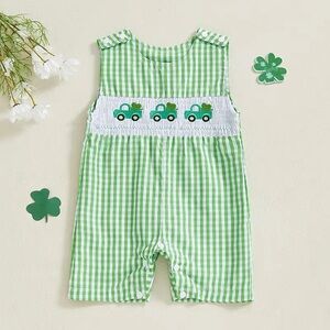 🌱🦢4 FOR $15!🦢🌱 St Patrick’s Day Gingham Romper with Tractor Embroidery